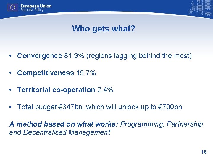 Who gets what? • Convergence 81. 9% (regions lagging behind the most) • Competitiveness