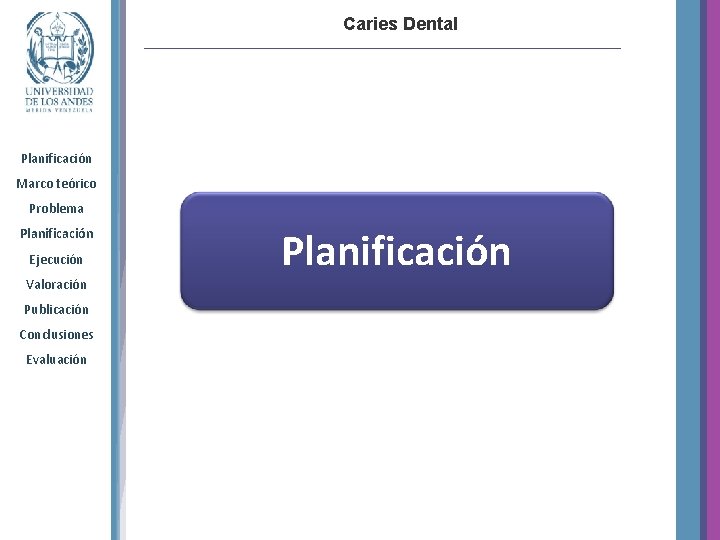 Caries Dental Planificación Marco teórico Problema Planificación Ejecución Valoración Publicación Conclusiones Evaluación Planificación 
