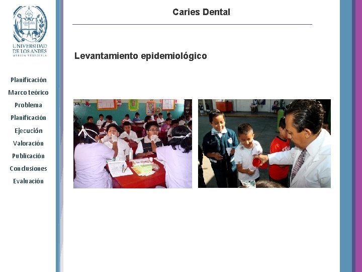 Caries Dental Levantamiento epidemiológico Planificación Marco teórico Problema Planificación Ejecución Valoración Publicación Conclusiones Evaluación