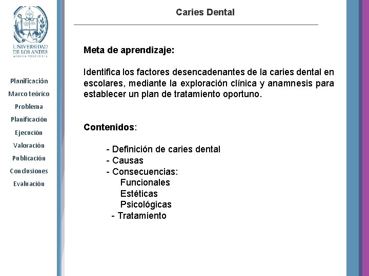 Caries Dental Meta de aprendizaje: Planificación Marco teórico Identifica los factores desencadenantes de la