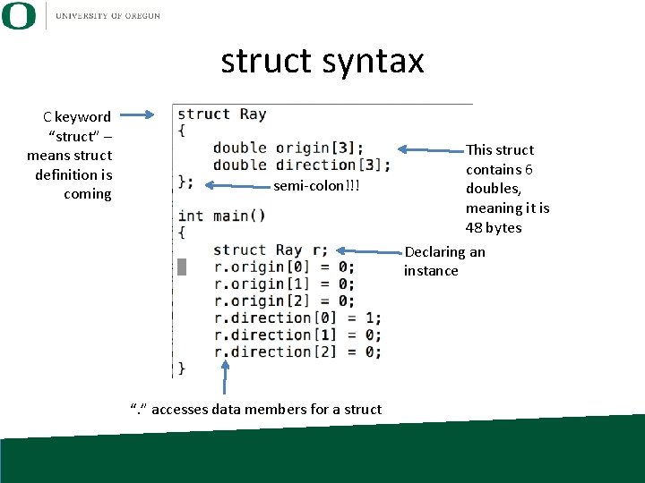 struct syntax C keyword “struct” – means struct definition is coming semi-colon!!! This struct