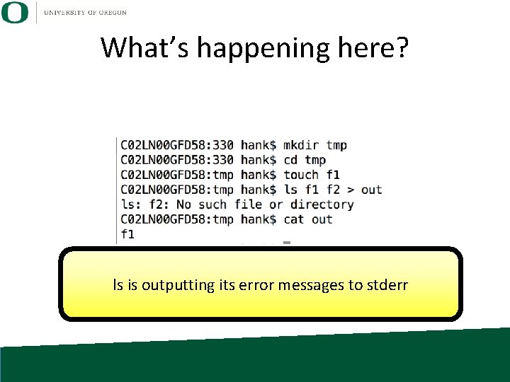 What’s happening here? ls is outputting its error messages to stderr 
