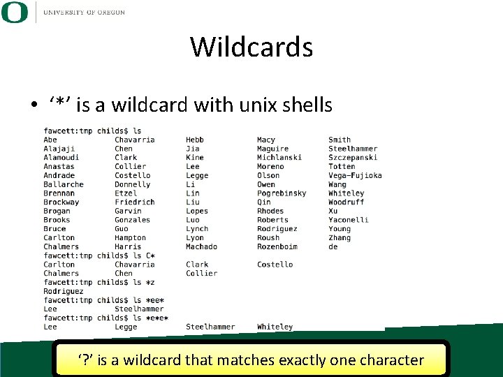 Wildcards • ‘*’ is a wildcard with unix shells ‘? ’ is a wildcard