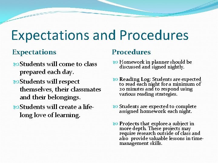Expectations and Procedures Expectations Procedures Students will come to class prepared each day. Students