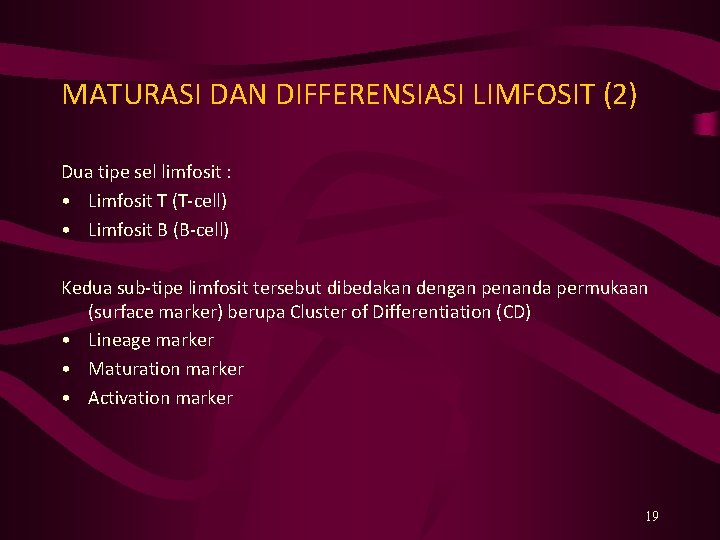 MATURASI DAN DIFFERENSIASI LIMFOSIT (2) Dua tipe sel limfosit : • Limfosit T (T-cell)