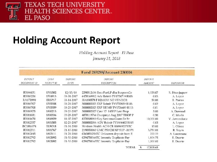 Holding Account Report 