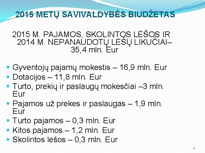 2015 METŲ SAVIVALDYBĖS BIUDŽETAS 2015 M. PAJAMOS, SKOLINTOS LĖŠOS IR 2014 M. NEPANAUDOTŲ LĖŠŲ