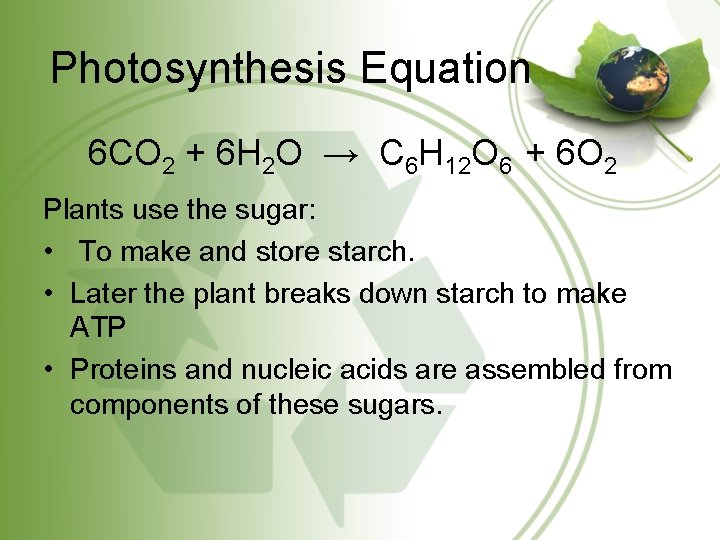 Photosynthesis Equation 6 CO 2 + 6 H 2 O → C 6 H