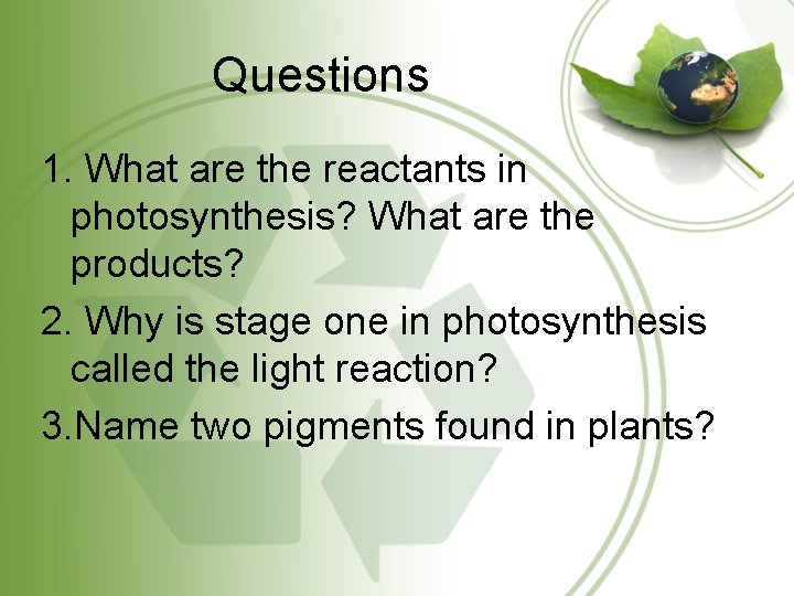 Questions 1. What are the reactants in photosynthesis? What are the products? 2. Why