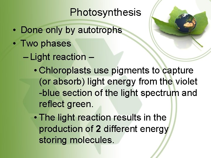 Photosynthesis • Done only by autotrophs • Two phases – Light reaction – •