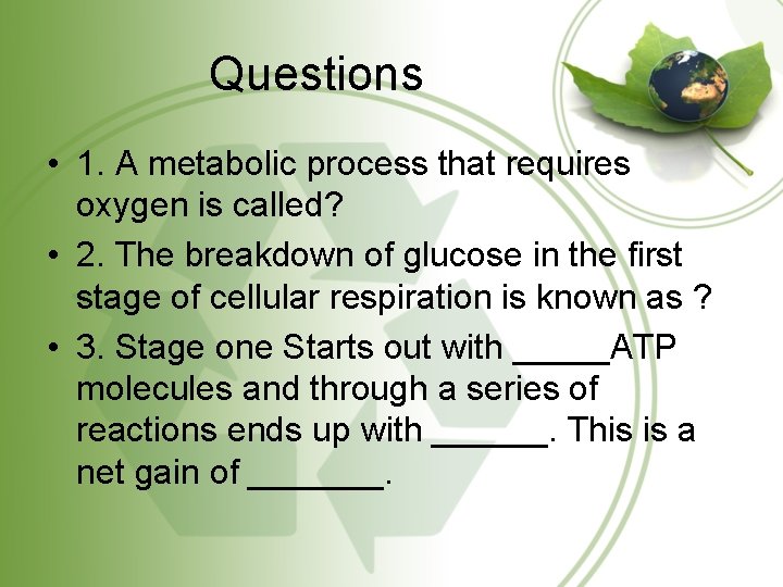 Questions • 1. A metabolic process that requires oxygen is called? • 2. The