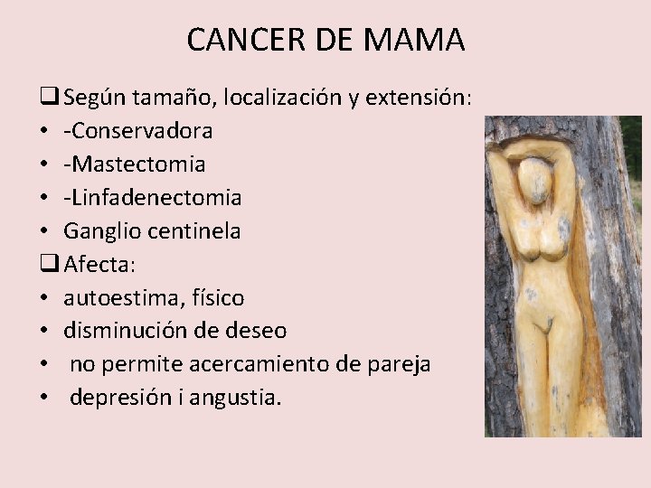 CANCER DE MAMA q Según tamaño, localización y extensión: • -Conservadora • -Mastectomia •