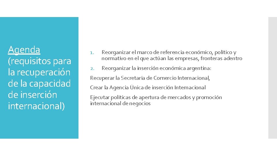 Agenda (requisitos para la recuperación de la capacidad de inserción internacional) 1. Reorganizar el