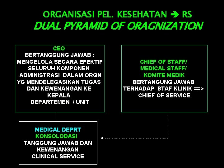 ORGANISASI PEL. KESEHATAN RS DUAL PYRAMID OF ORAGNIZATION CEO BERTANGGUNG JAWAB : MENGELOLA SECARA