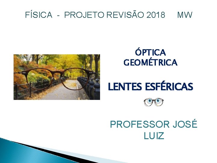 FÍSICA - PROJETO REVISÃO 2018 MW ÓPTICA GEOMÉTRICA LENTES ESFÉRICAS PROFESSOR JOSÉ LUIZ 