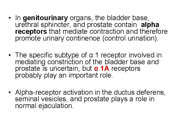  • In genitourinary organs, the bladder base, urethral sphincter, and prostate contain alpha