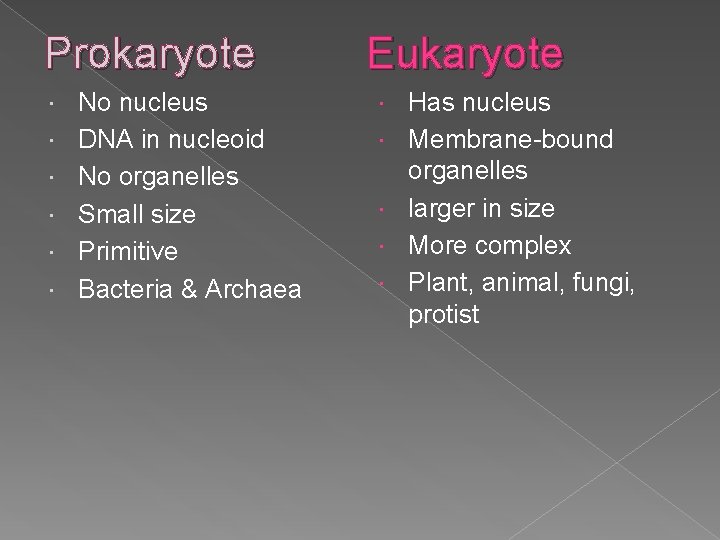 Prokaryote No nucleus DNA in nucleoid No organelles Small size Primitive Bacteria & Archaea