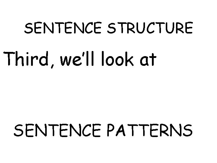 SENTENCE STRUCTURE Third, we’ll look at SENTENCE PATTERNS 