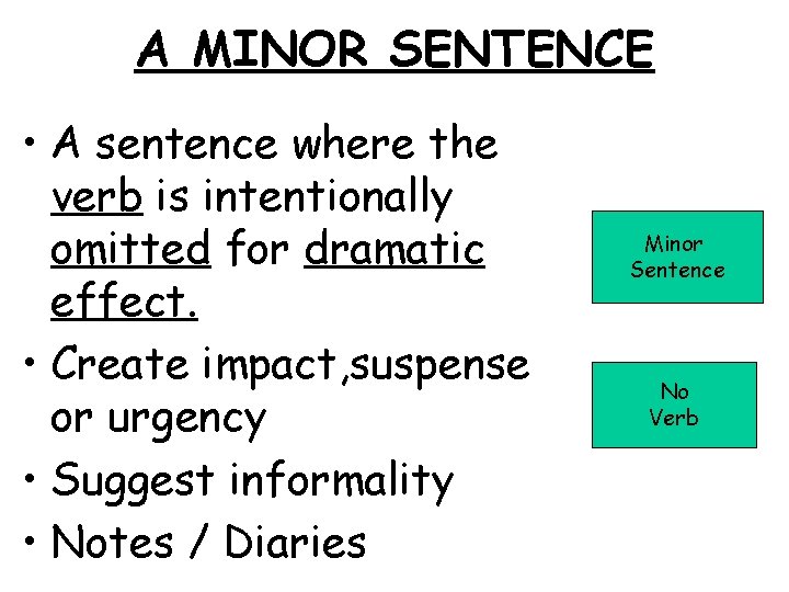 A MINOR SENTENCE • A sentence where the verb is intentionally omitted for dramatic