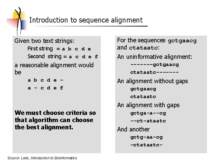 Introduction to sequence alignment Given two text strings: First string = a b c