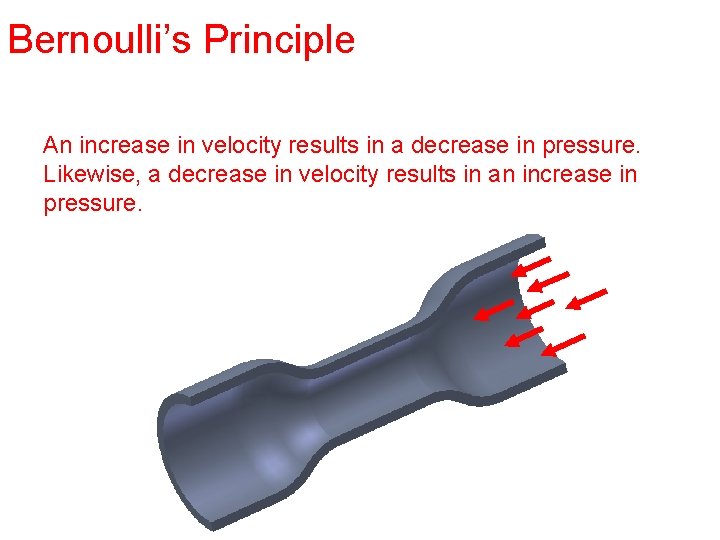 Bernoulli’s Principle An increase in velocity results in a decrease in pressure. Likewise, a