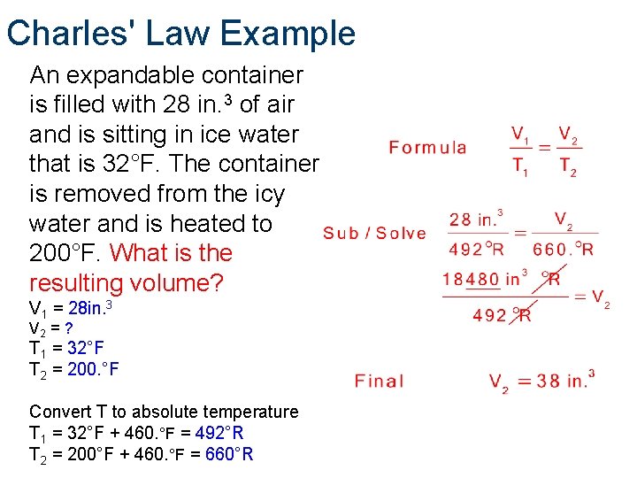 Charles' Law Example An expandable container is filled with 28 in. 3 of air