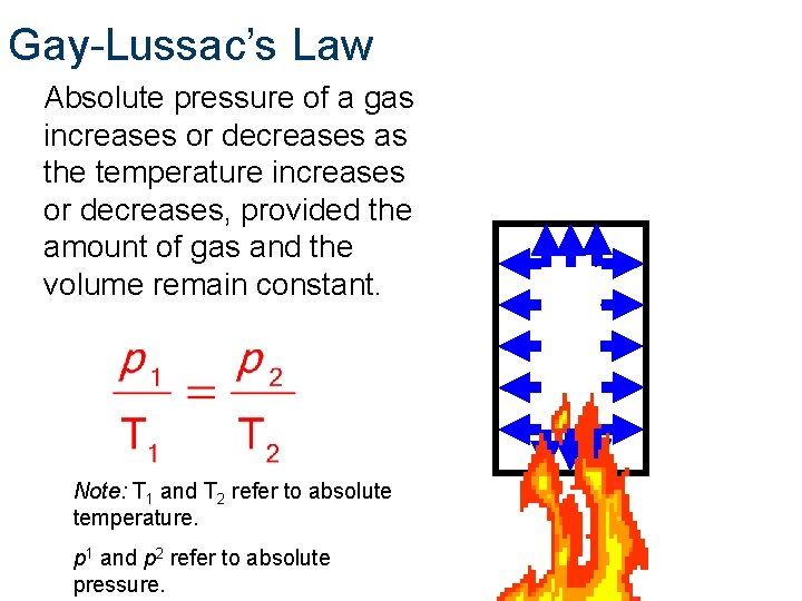 Gay-Lussac’s Law Absolute pressure of a gas increases or decreases as the temperature increases