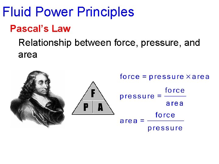 Fluid Power Principles Pascal’s Law Relationship between force, pressure, and area 