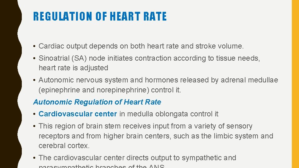 REGULATION OF HEART RATE • Cardiac output depends on both heart rate and stroke