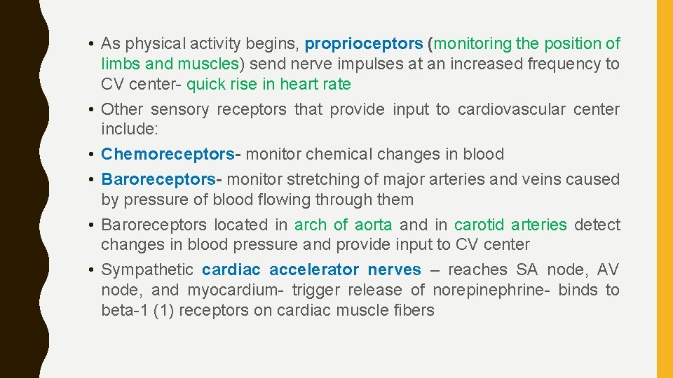  • As physical activity begins, proprioceptors (monitoring the position of limbs and muscles)