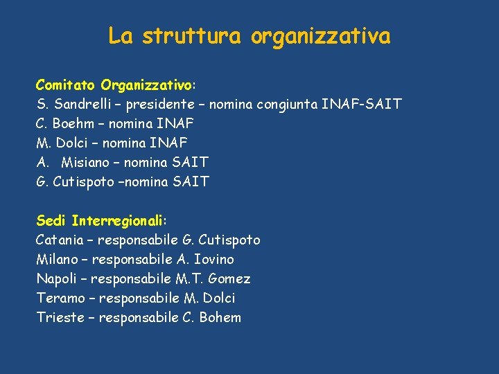 La struttura organizzativa Comitato Organizzativo: S. Sandrelli – presidente – nomina congiunta INAF-SAIT C.