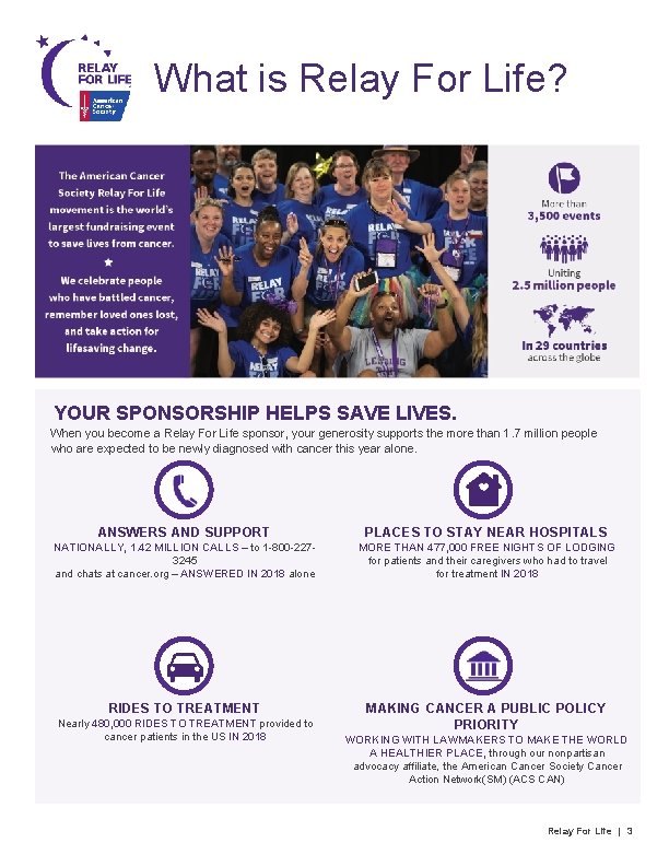 What is Relay For Life? YOUR SPONSORSHIP HELPS SAVE LIVES. When you become a