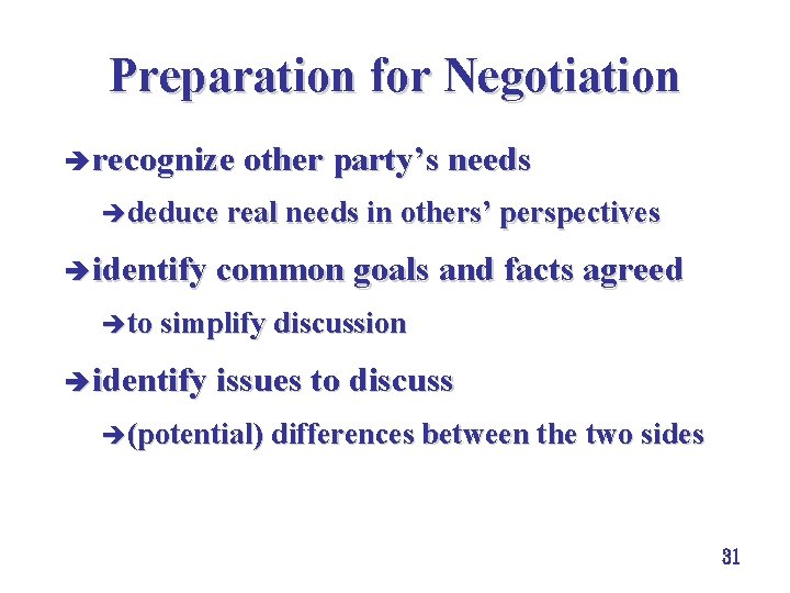 Preparation for Negotiation è recognize other party’s needs èdeduce real needs in others’ perspectives