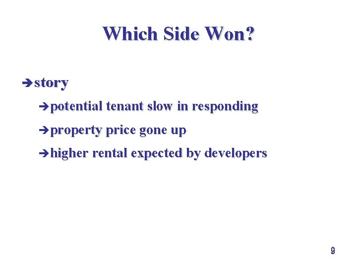 Which Side Won? è story èpotential tenant slow in responding èproperty price gone up