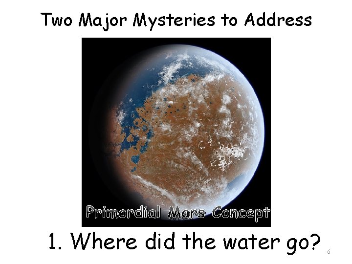 Two Major Mysteries to Address Primordial Mars Concept 1. Where did the water go?