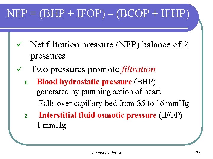 NFP = (BHP + IFOP) – (BCOP + IFHP) Net filtration pressure (NFP) balance