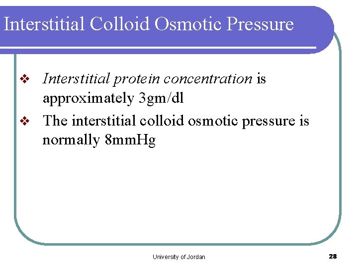 Interstitial Colloid Osmotic Pressure Interstitial protein concentration is approximately 3 gm/dl v The interstitial