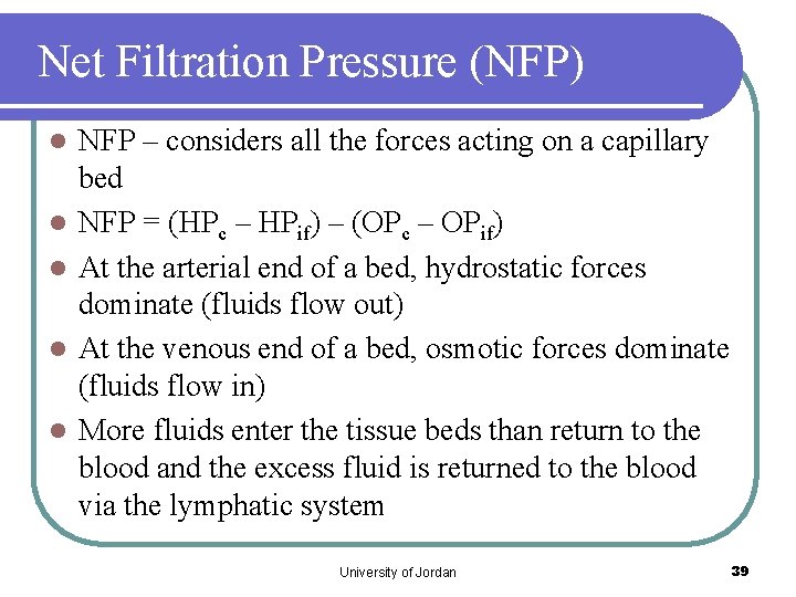 Net Filtration Pressure (NFP) l l l NFP – considers all the forces acting