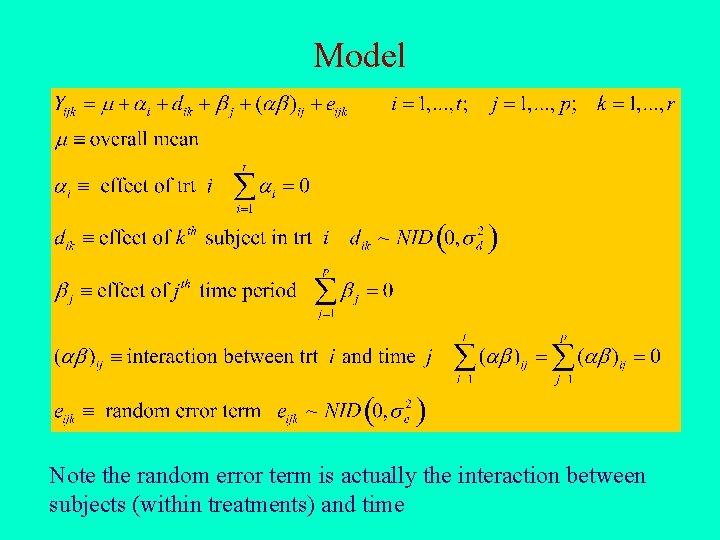 Model Note the random error term is actually the interaction between subjects (within treatments)