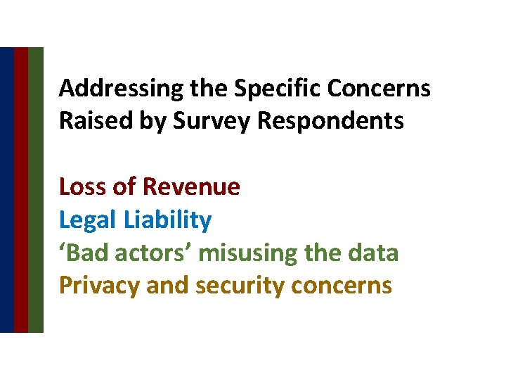 Addressing the Specific Concerns Raised by Survey Respondents Loss of Revenue Legal Liability ‘Bad