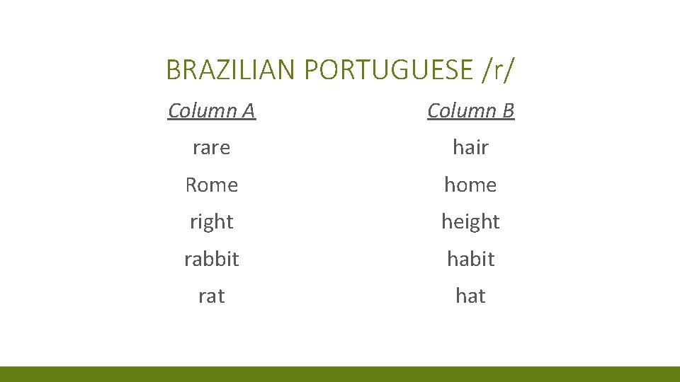 BRAZILIAN PORTUGUESE /r/ Column A Column B rare hair Rome home right height rabbit