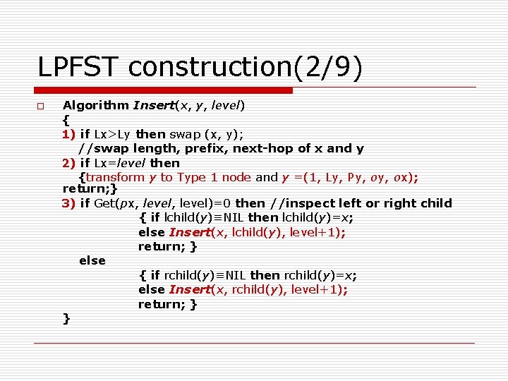 LPFST construction(2/9) o Algorithm Insert(x, y, level) { 1) if Lx>Ly then swap (x,