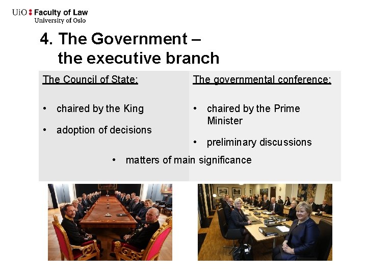 4. The Government – the executive branch The Council of State: The governmental conference: