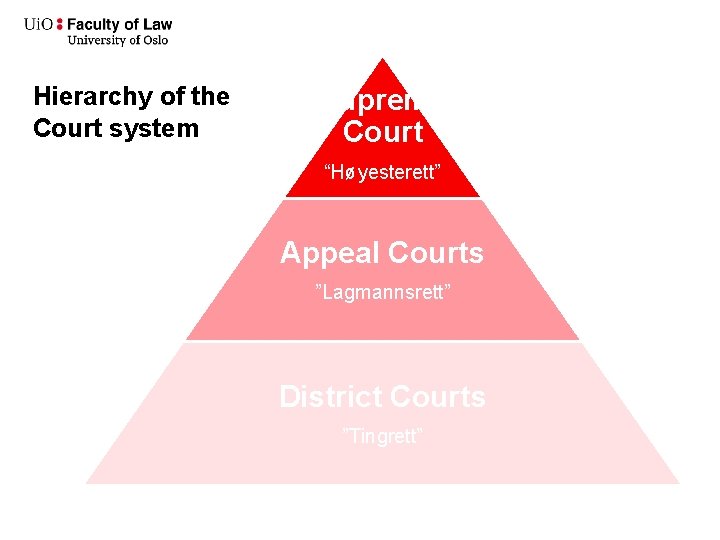 Hierarchy of the Court system Supreme Court “Høyesterett” Appeal Courts ”Lagmannsrett” District Courts ”Tingrett”