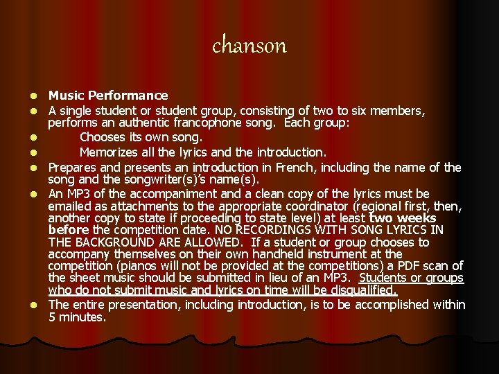 chanson l l l l Music Performance A single student or student group, consisting