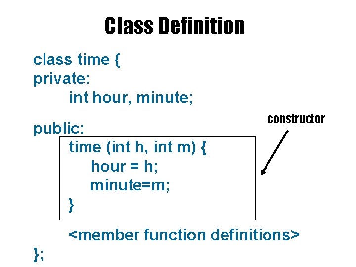 Class Definition class time { private: int hour, minute; public: time (int h, int