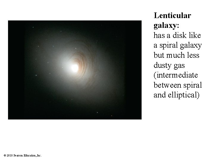 Lenticular galaxy: has a disk like a spiral galaxy but much less dusty gas