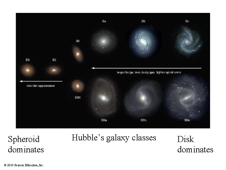 Spheroid dominates © 2010 Pearson Education, Inc. Hubble’s galaxy classes Disk dominates 