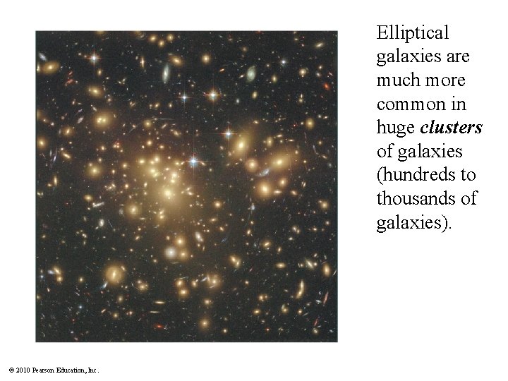 Elliptical galaxies are much more common in huge clusters of galaxies (hundreds to thousands