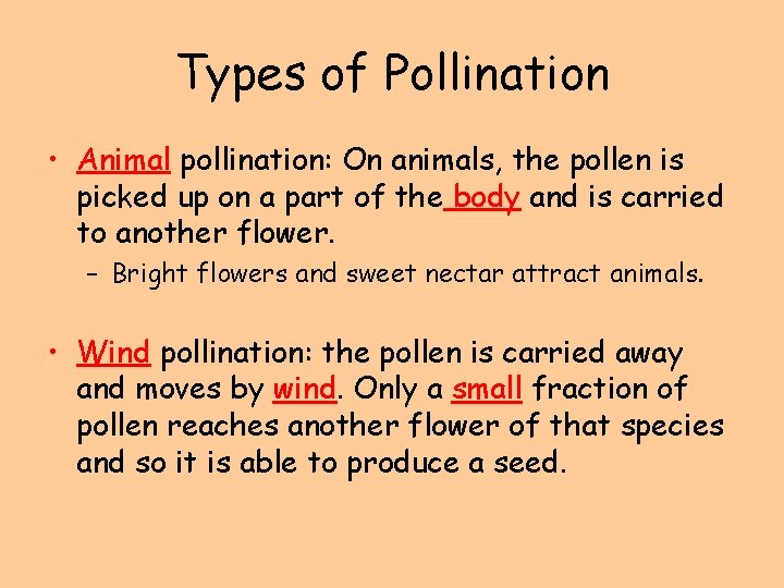 Types of Pollination • Animal pollination: On animals, the pollen is picked up on